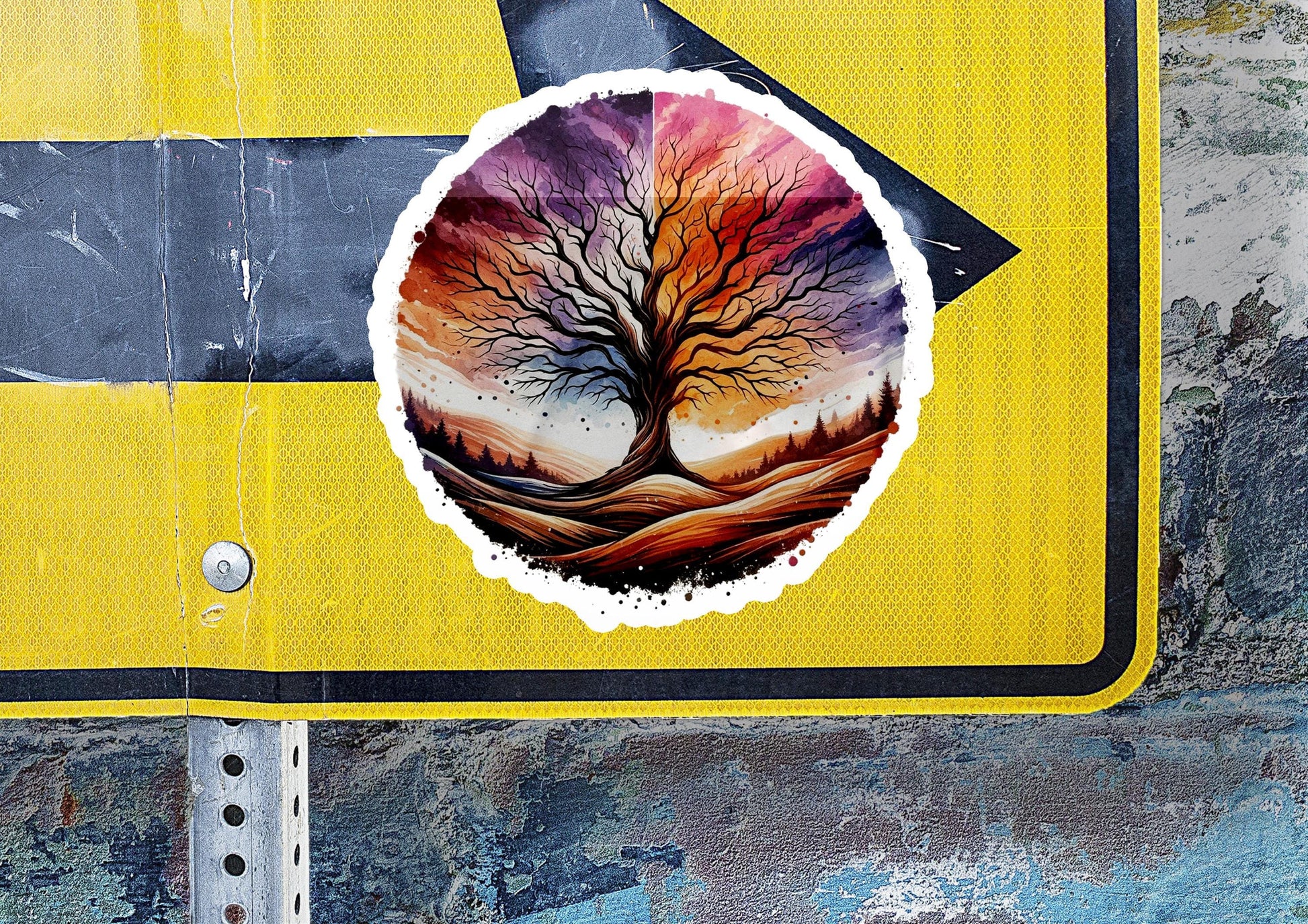a sticker of a tree on a street sign
