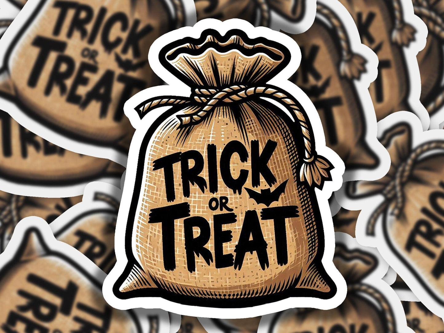 a bag of trick or treat stickers on a pile of stickers