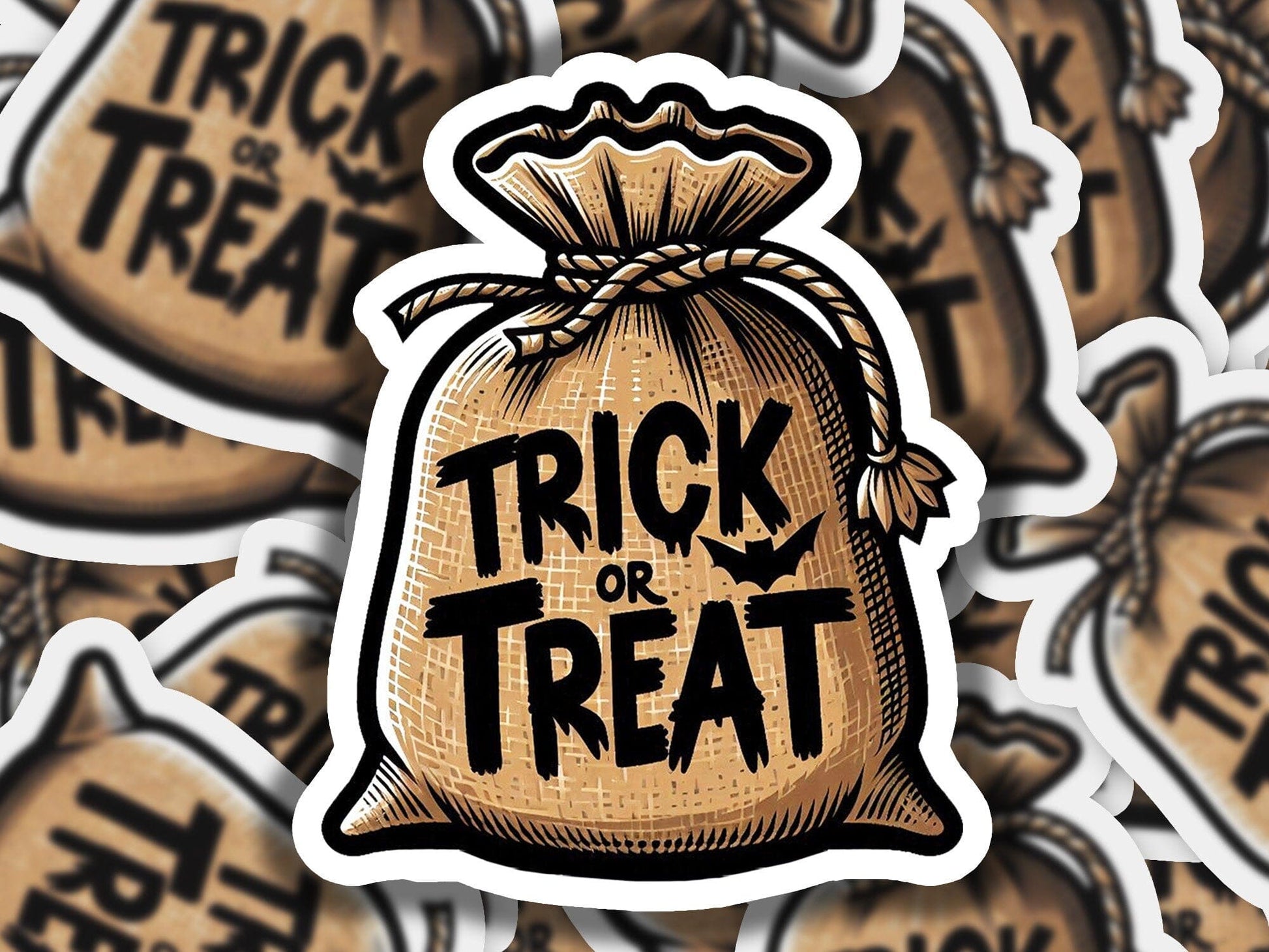 a bag of trick or treat stickers on a pile of stickers