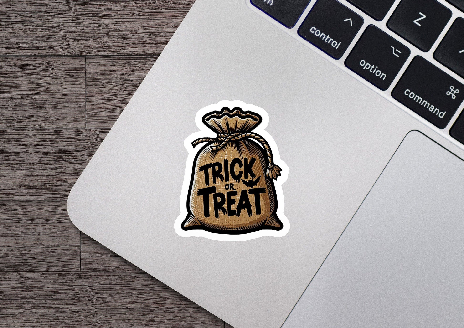 a bag of trick or treat sticker on a laptop