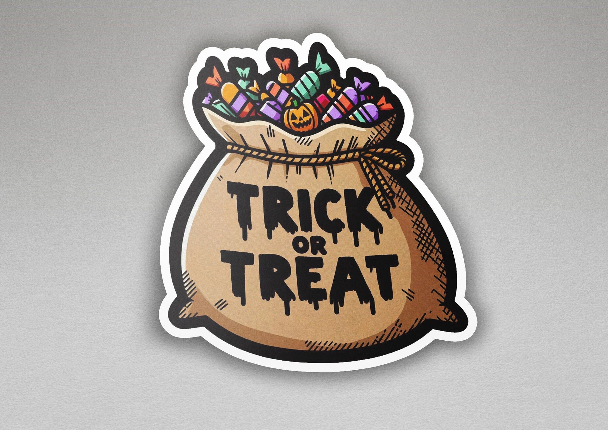 a trick or treat bag sticker on a gray surface