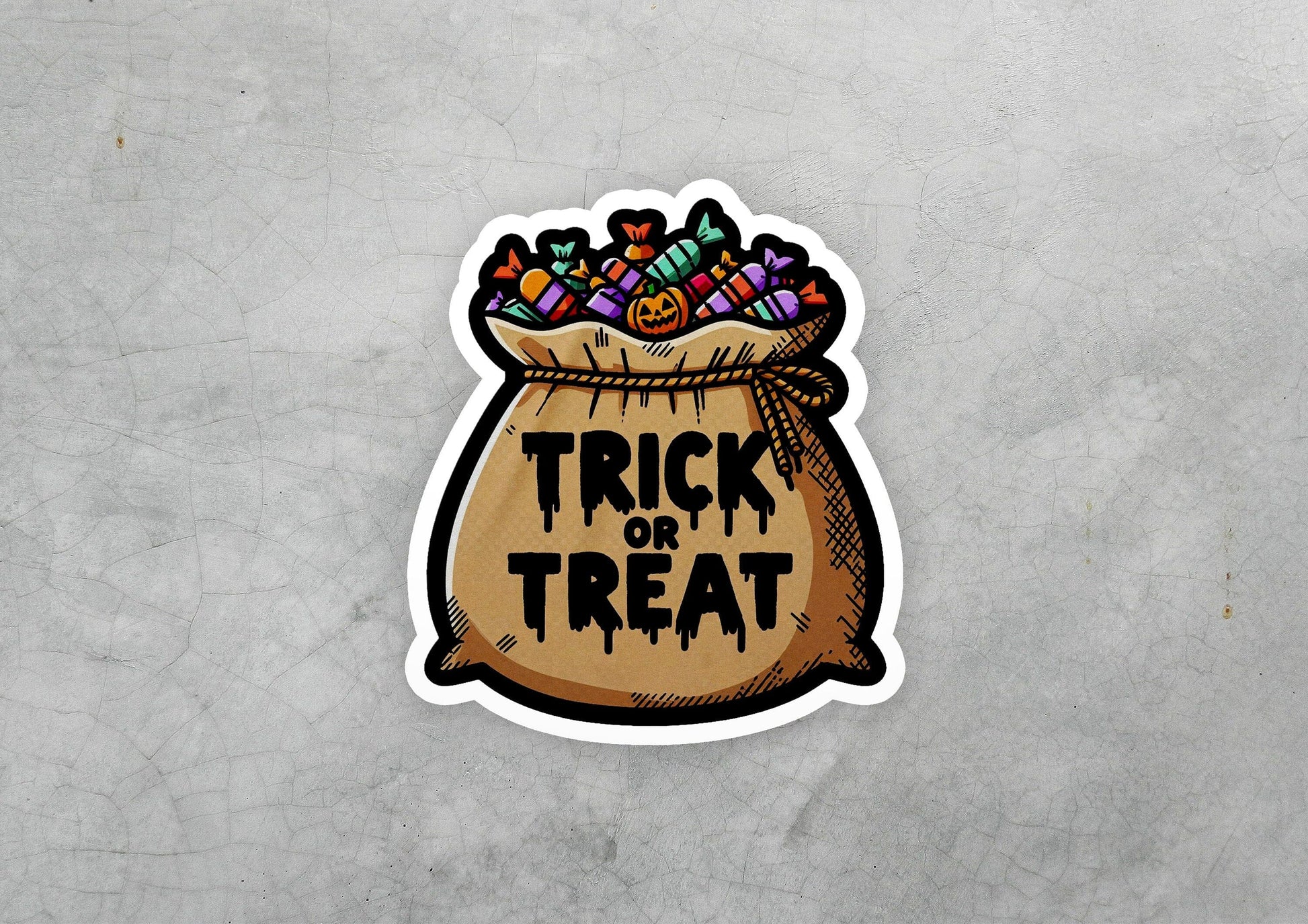 a sticker of a bag with candy in it