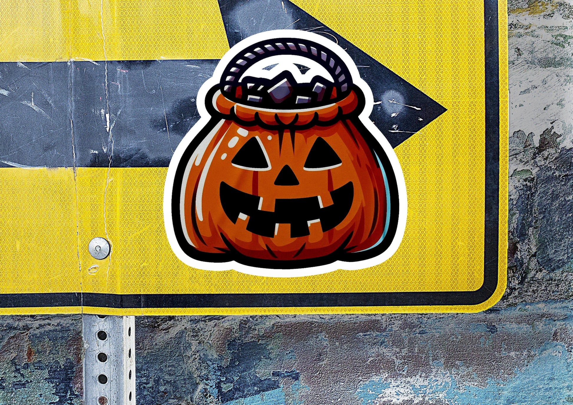 a sticker of a jack - o - lantern bag on a street sign