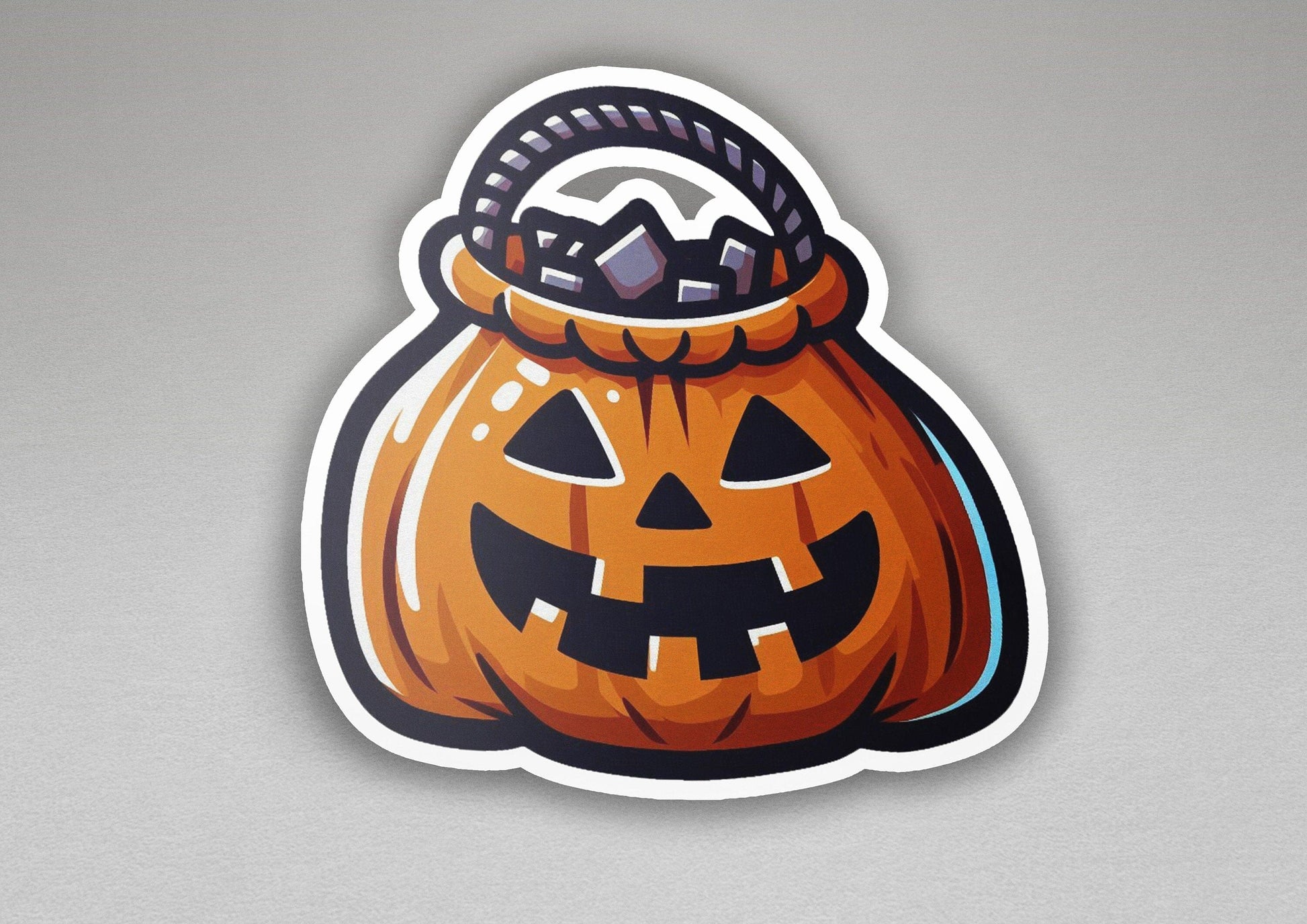 a sticker of a pumpkin with a basket on it