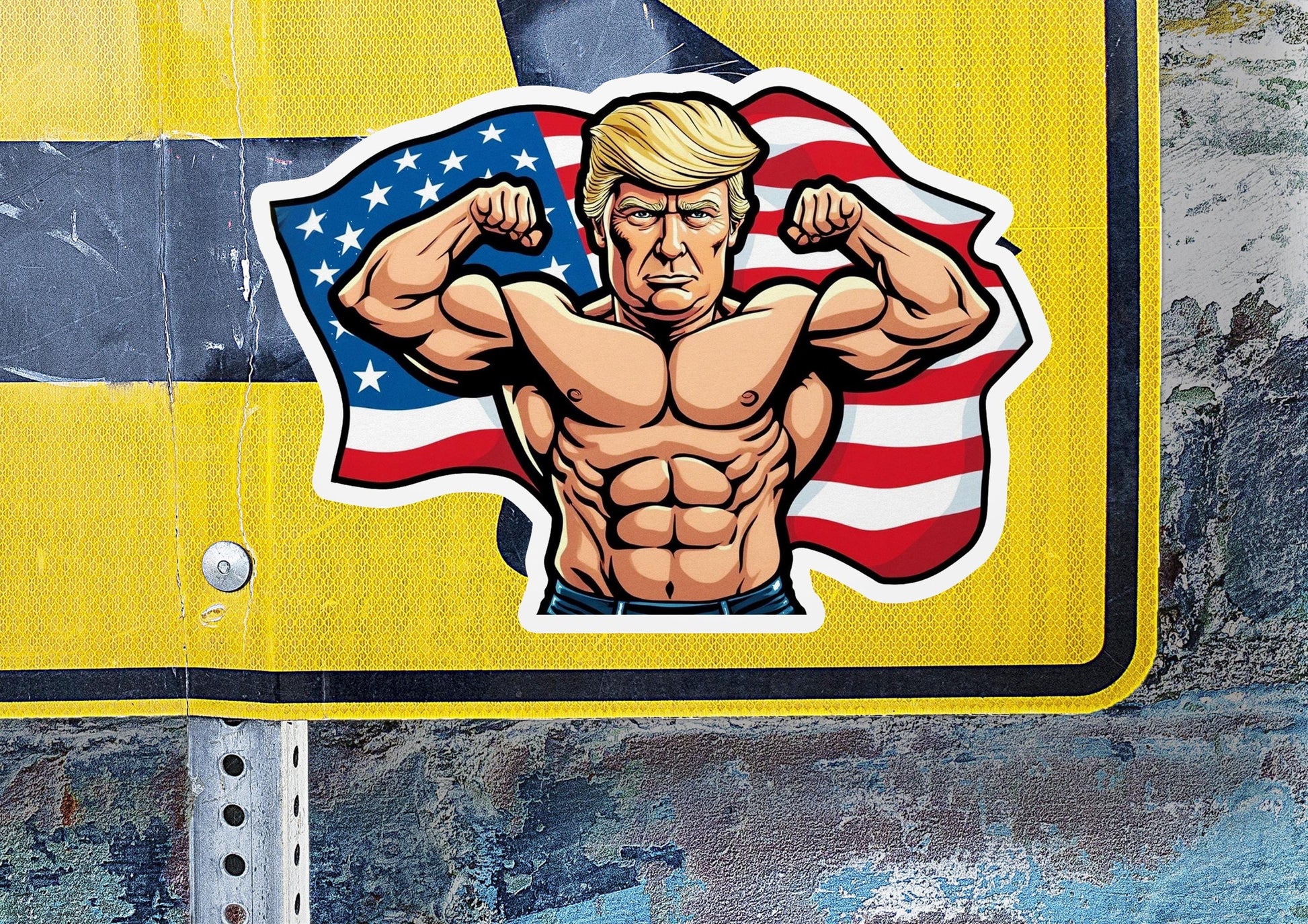a sticker of a man flexing his muscles in front of an american flag