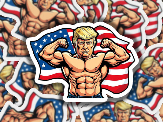a sticker of a man flexing his muscles in front of a background of