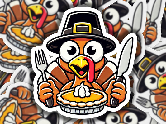 a sticker of a turkey holding a fork and knife