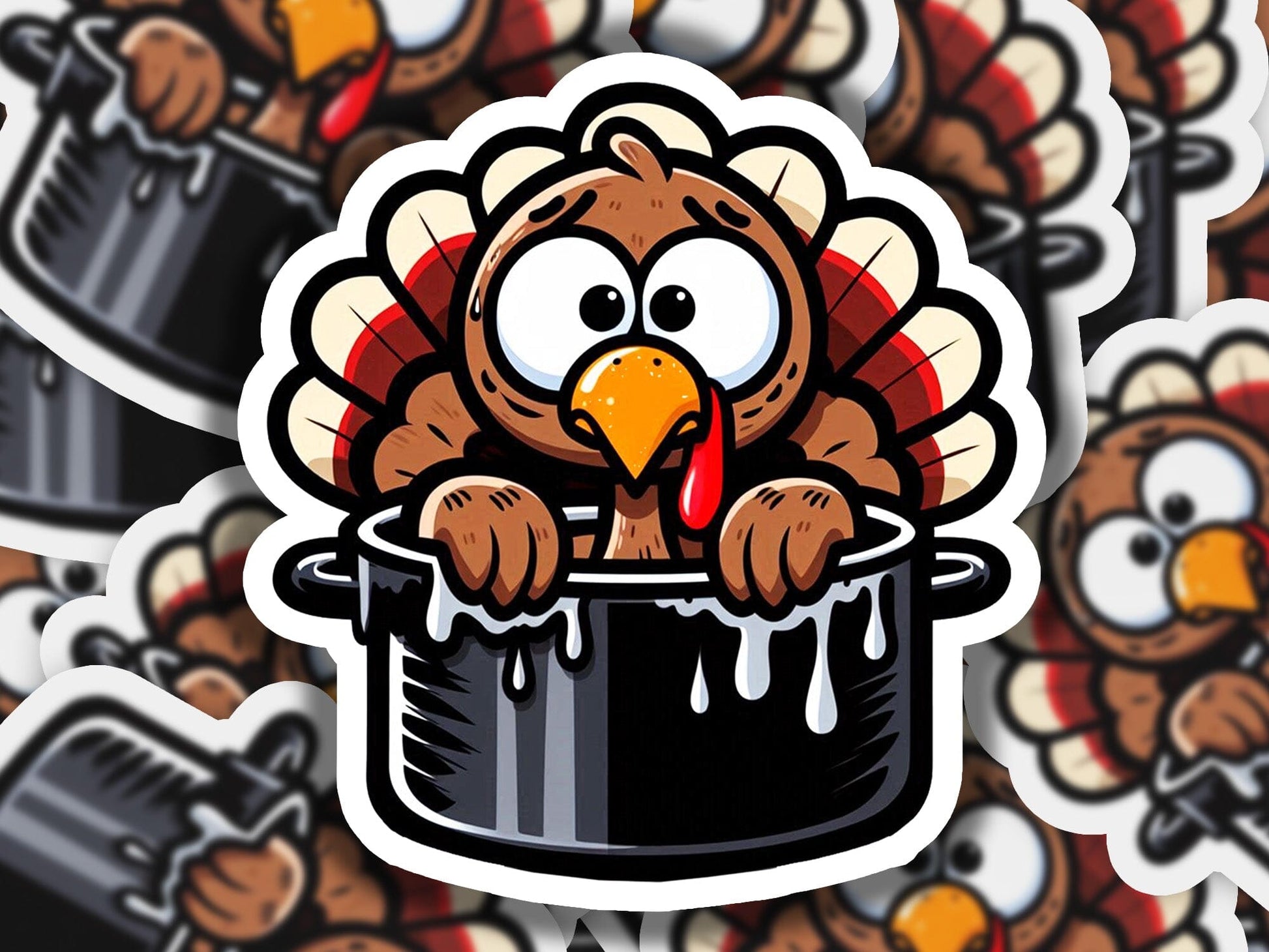 a sticker of a turkey sitting in a pot of liquid