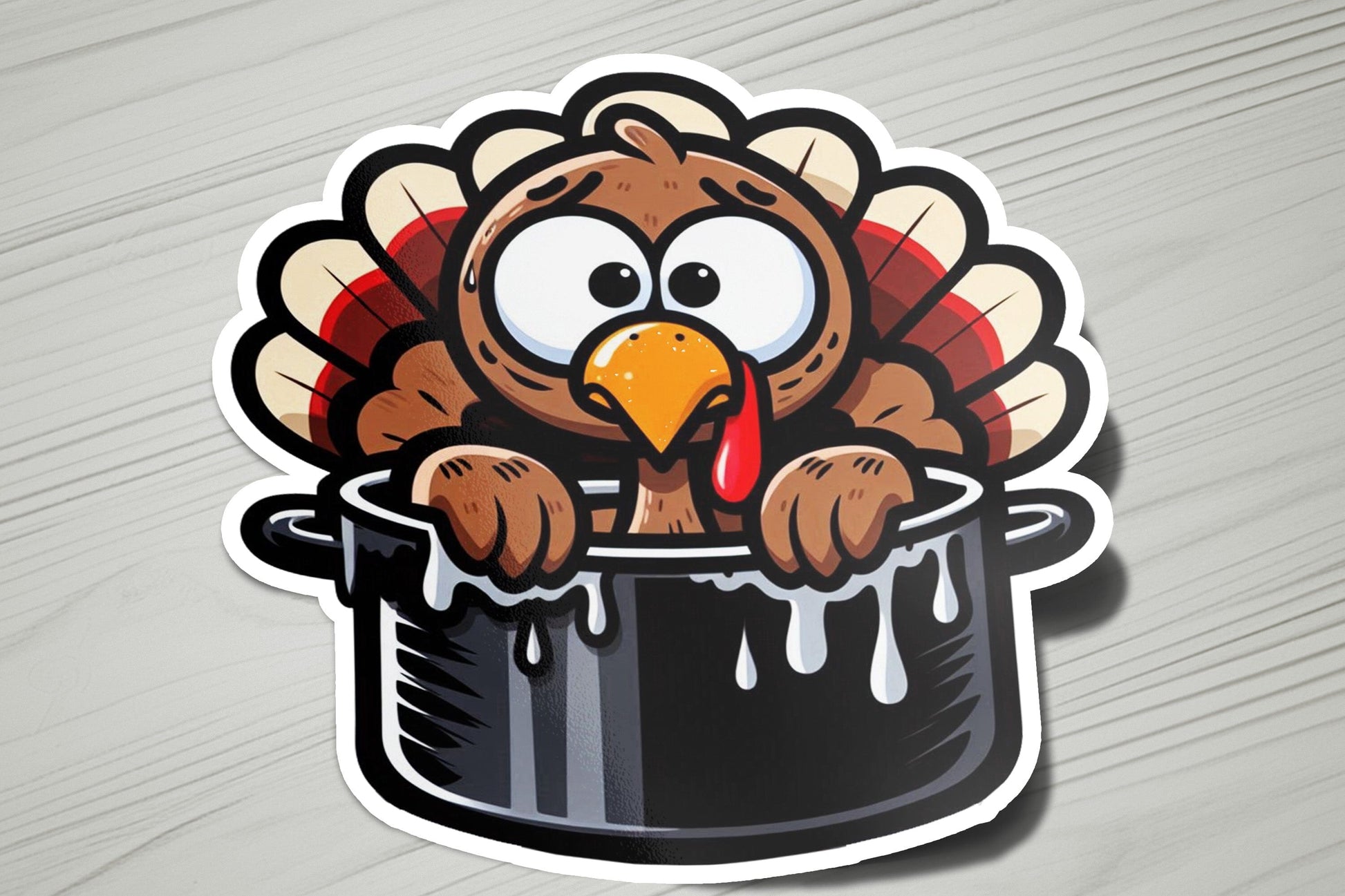 a sticker of a turkey sticking its head out of a pot