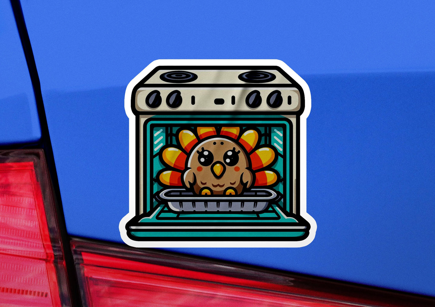a sticker of an oven with a turkey on it