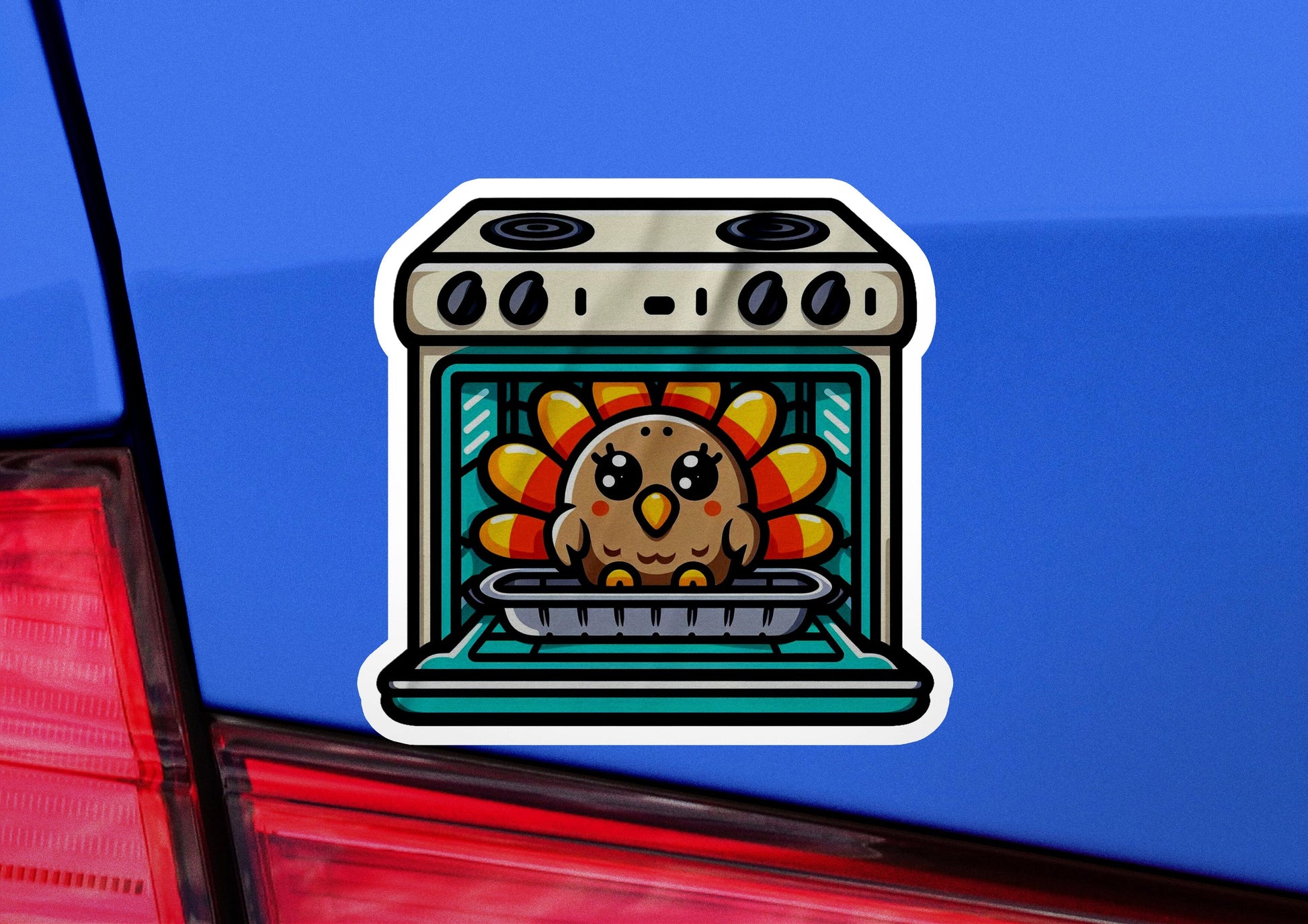 a sticker of an oven with a turkey on it