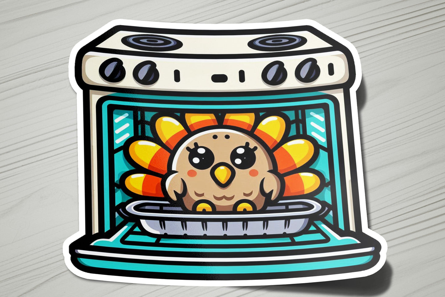 a sticker of a turkey in an oven