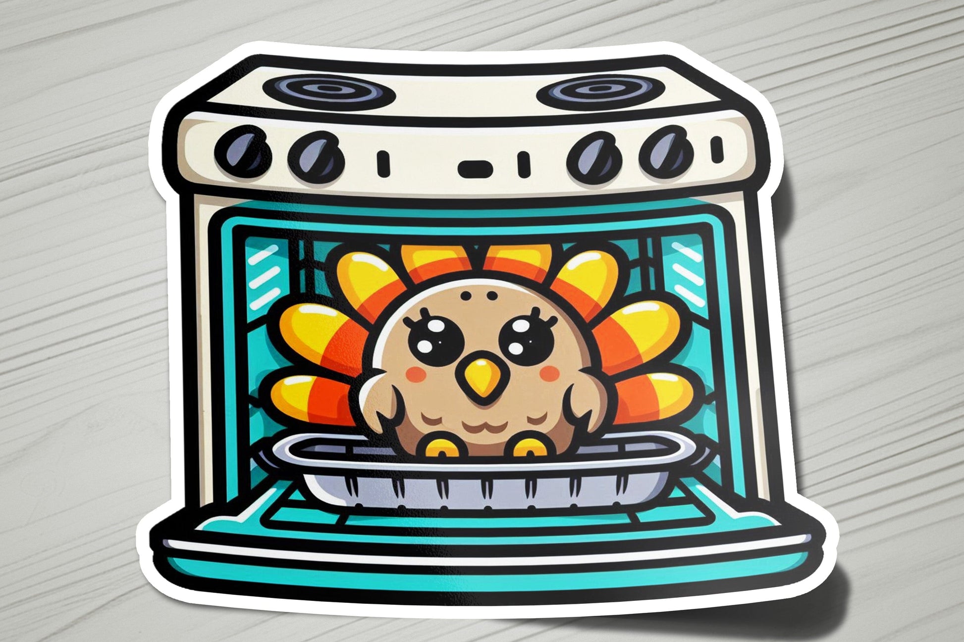 a sticker of a turkey in an oven