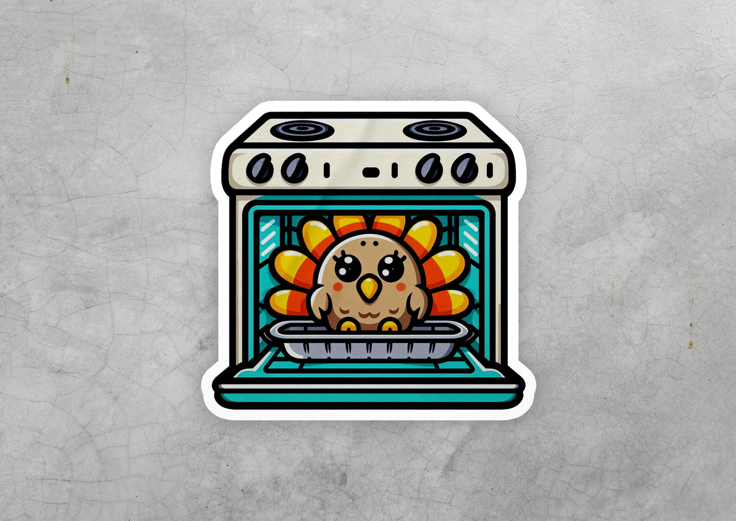 a sticker of a turkey cooking in an oven