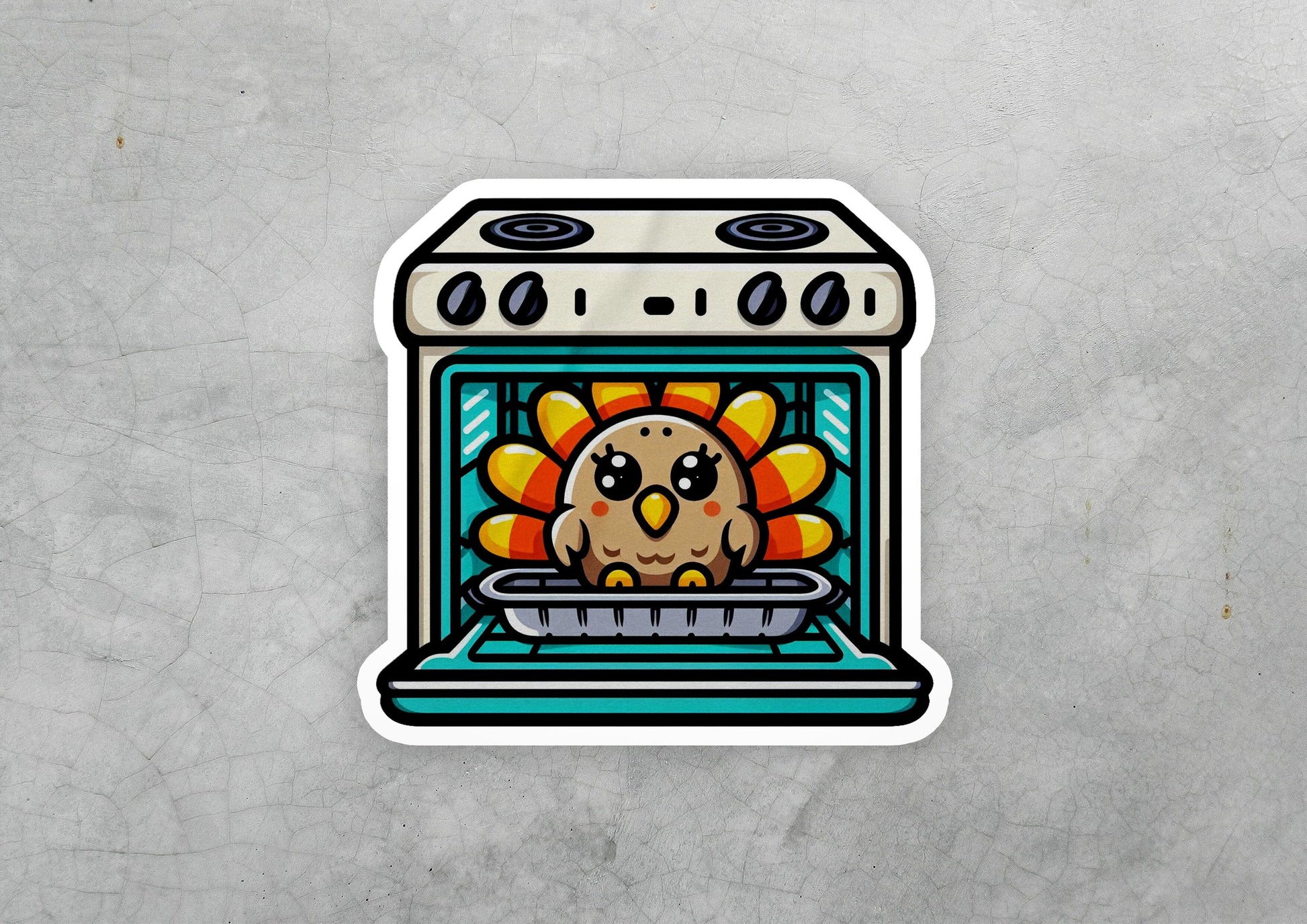 a sticker of a turkey cooking in an oven