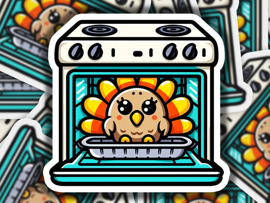 a sticker of a turkey inside of a oven