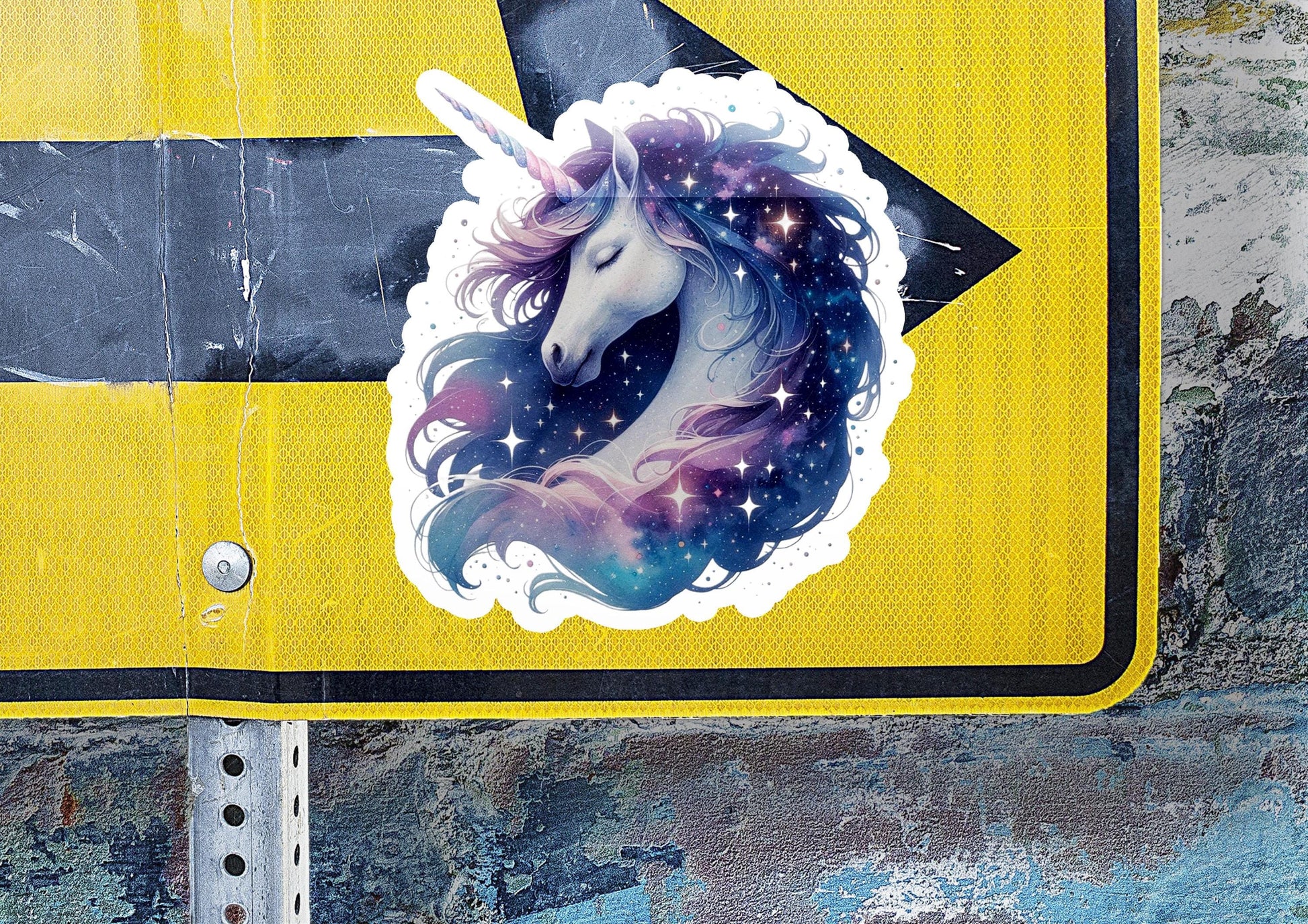 a sticker of a unicorn on a street sign