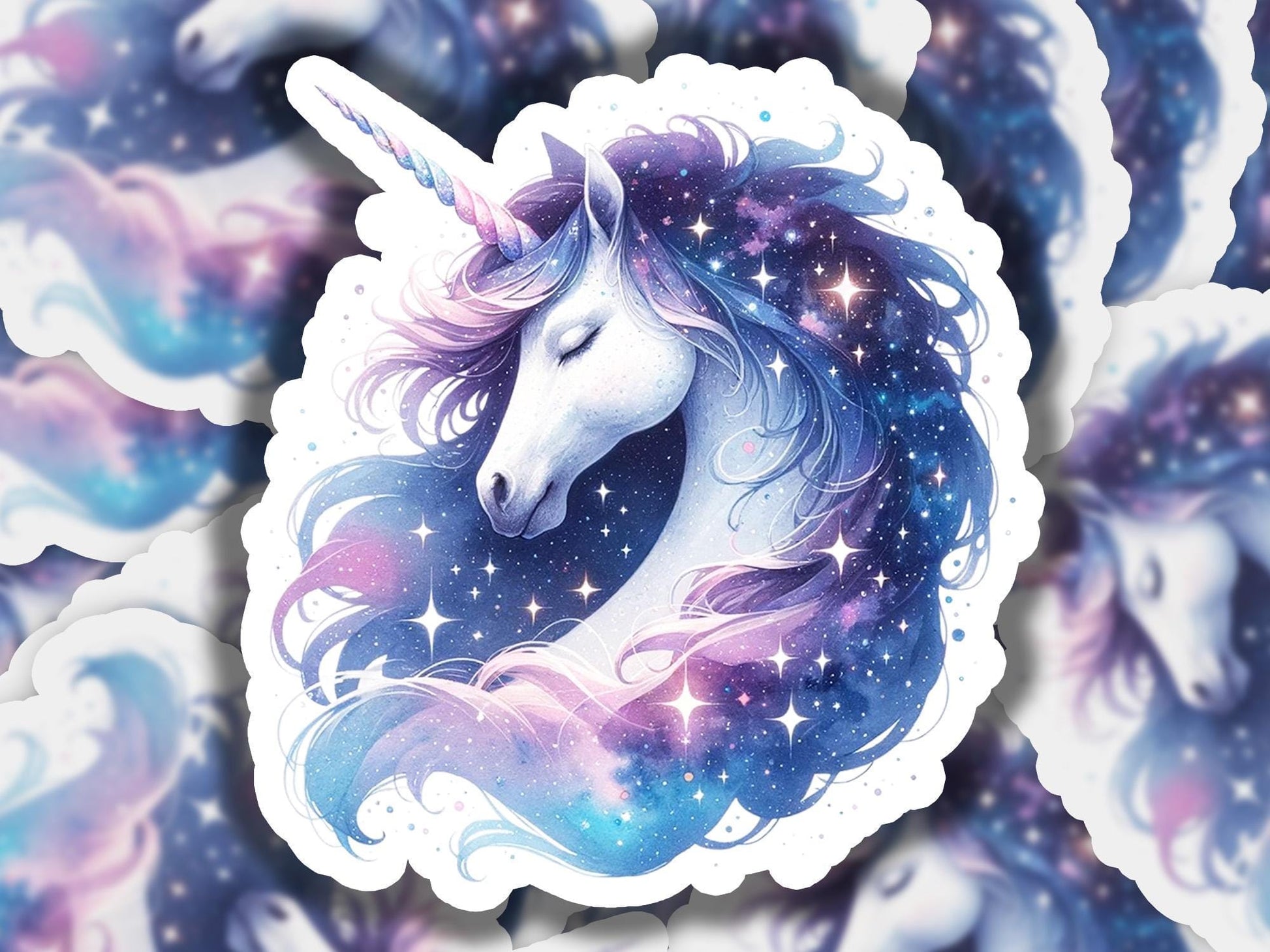 a sticker of a unicorn with stars in the background