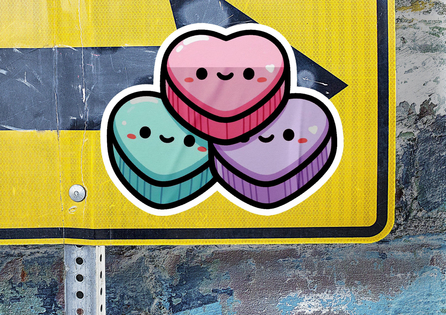 a sticker of three heart shaped cupcakes on a street sign