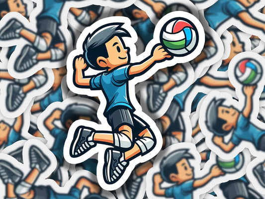 a sticker of a man holding a volleyball ball