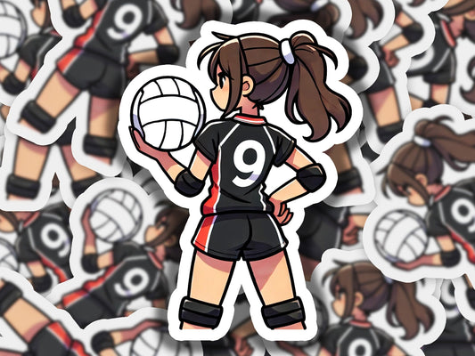a sticker of a girl holding a volleyball ball