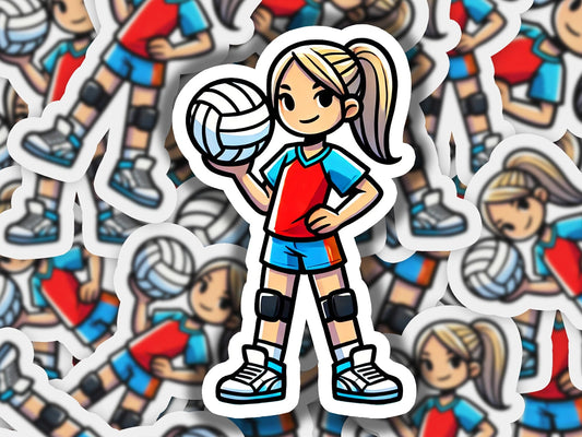 a sticker of a girl holding a volleyball ball