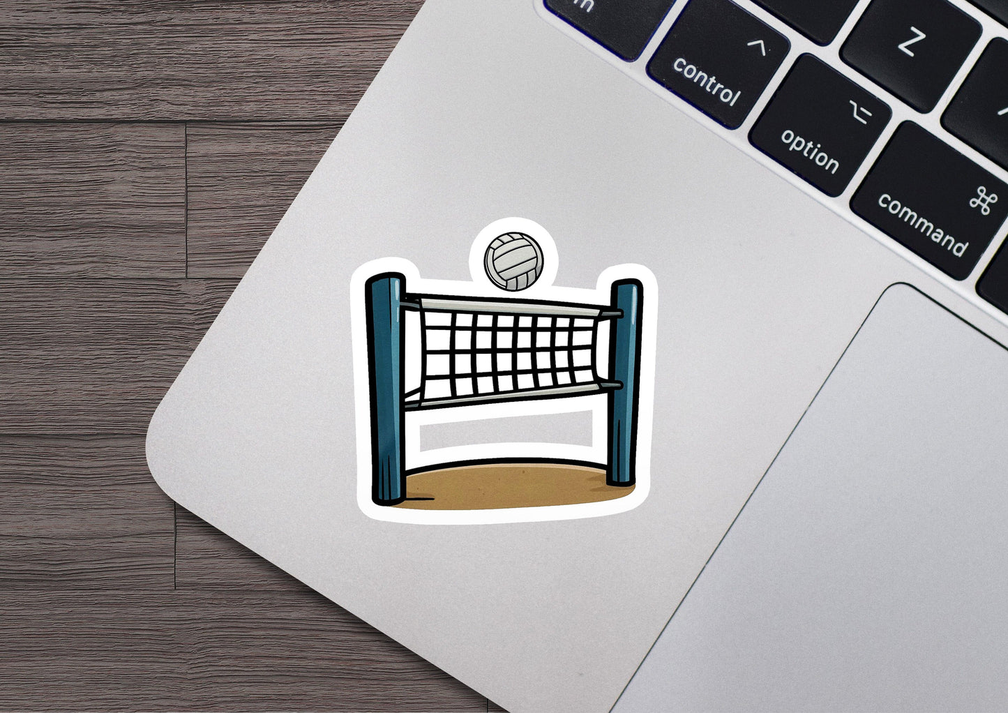 a laptop with a sticker of a volleyball net