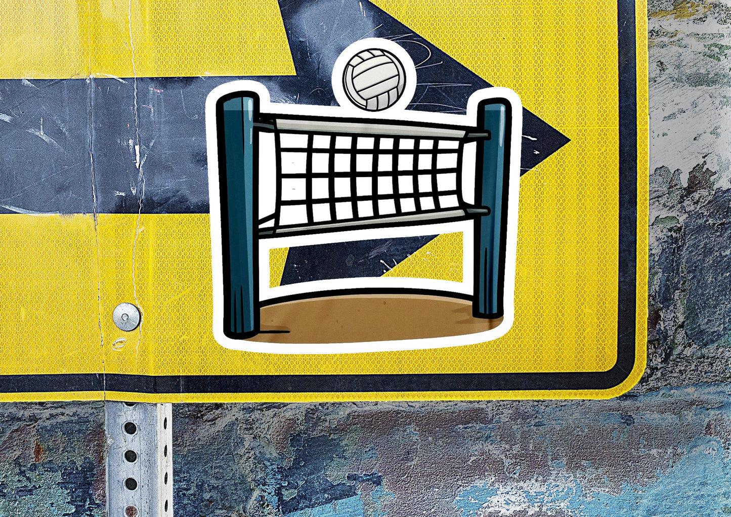 a yellow and black sign with a volleyball net on it