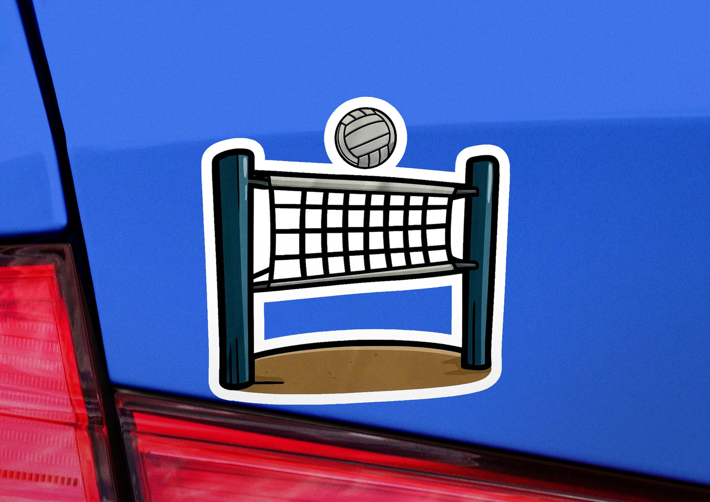 a car with a volleyball sticker on the back of it