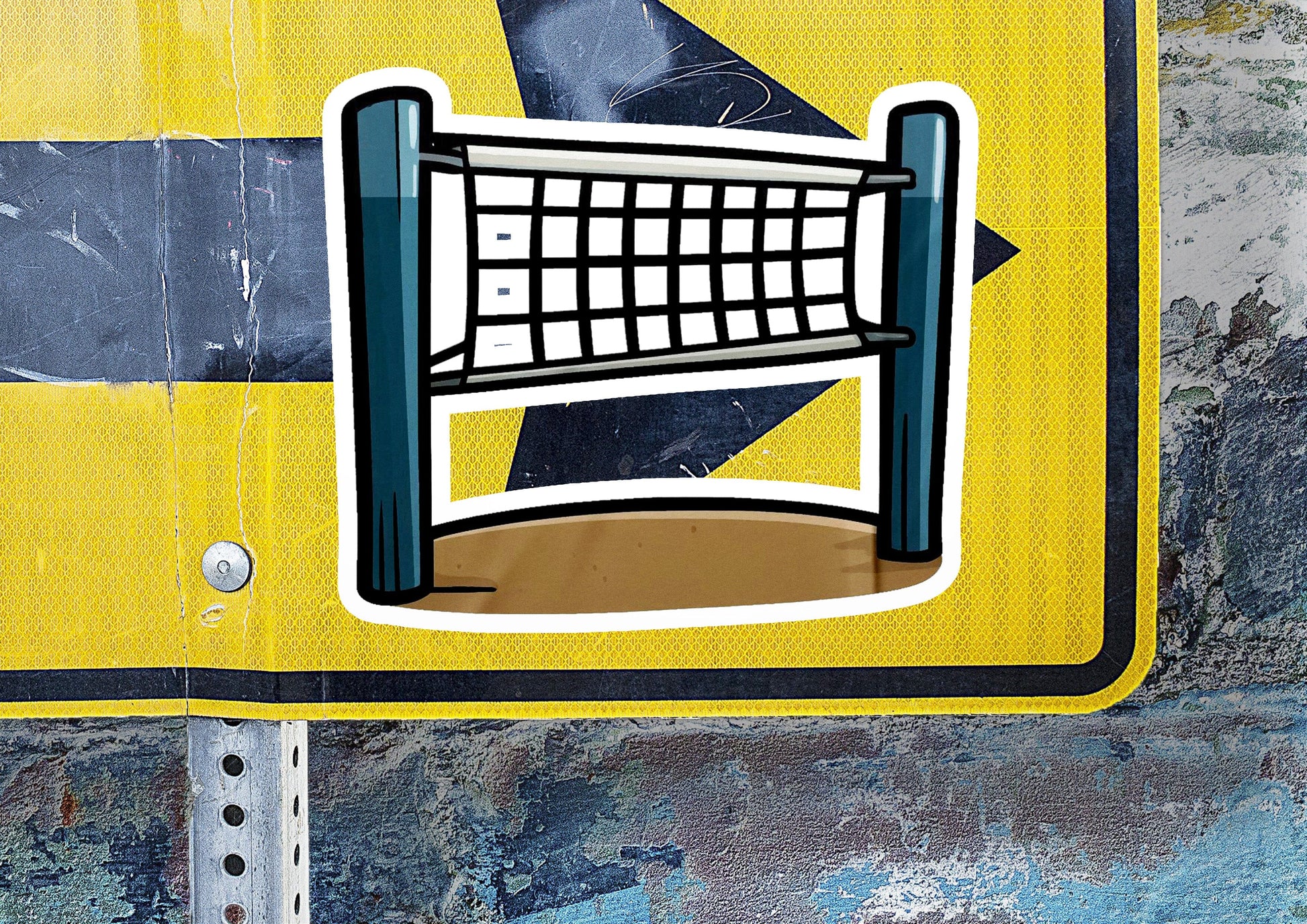 a street sign with a picture of a volleyball net on it