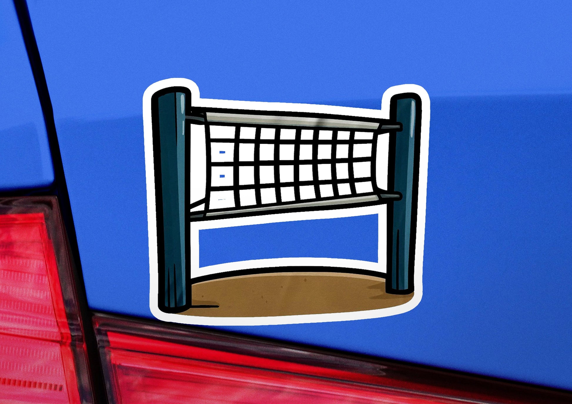 a sticker of a volleyball net on the back of a car