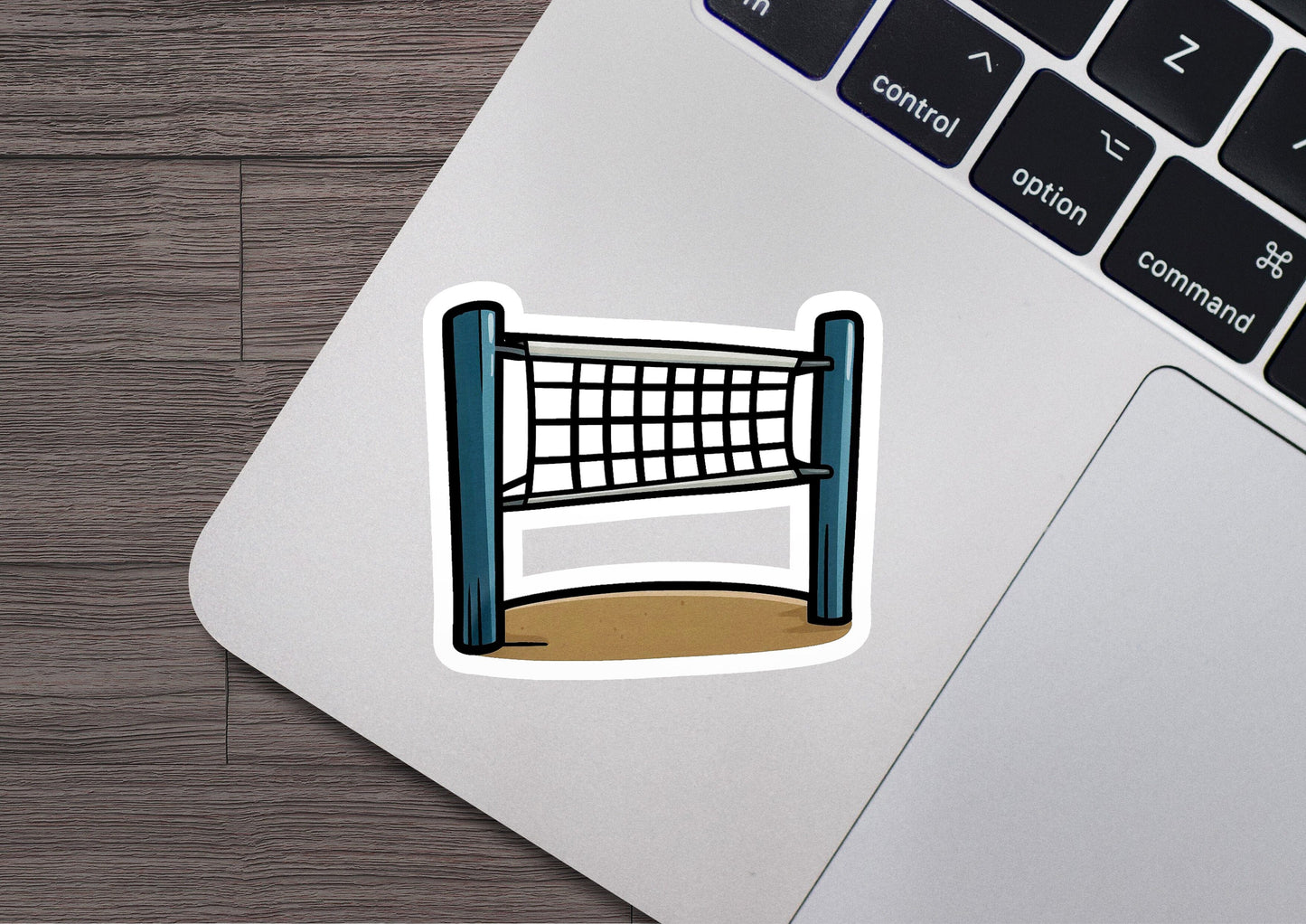a sticker of a volleyball net on a laptop