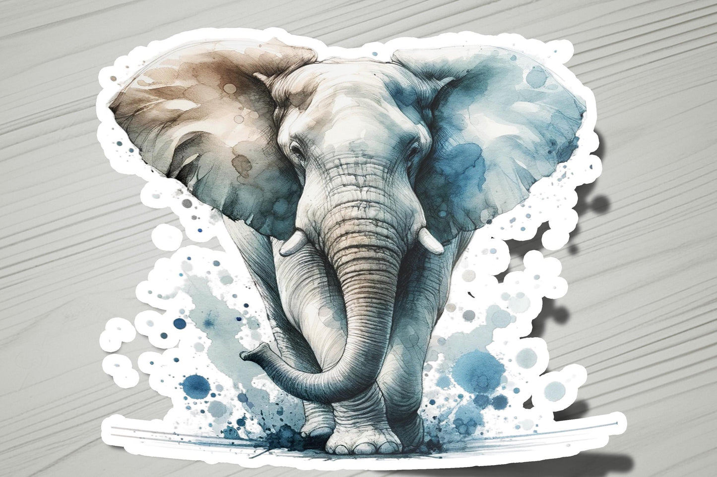 a watercolor painting of an elephant on a wooden surface