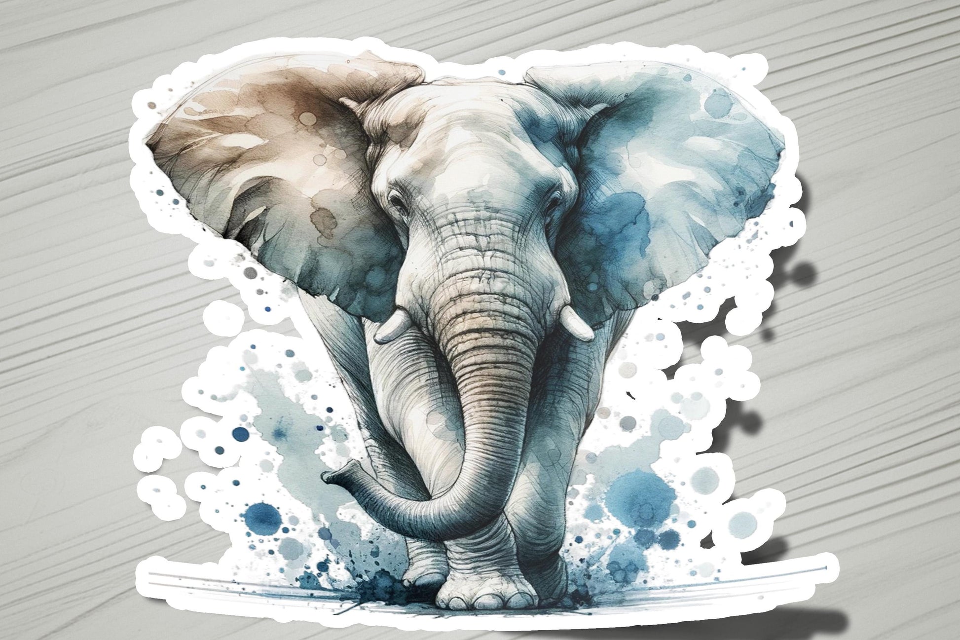 a watercolor painting of an elephant on a wooden surface