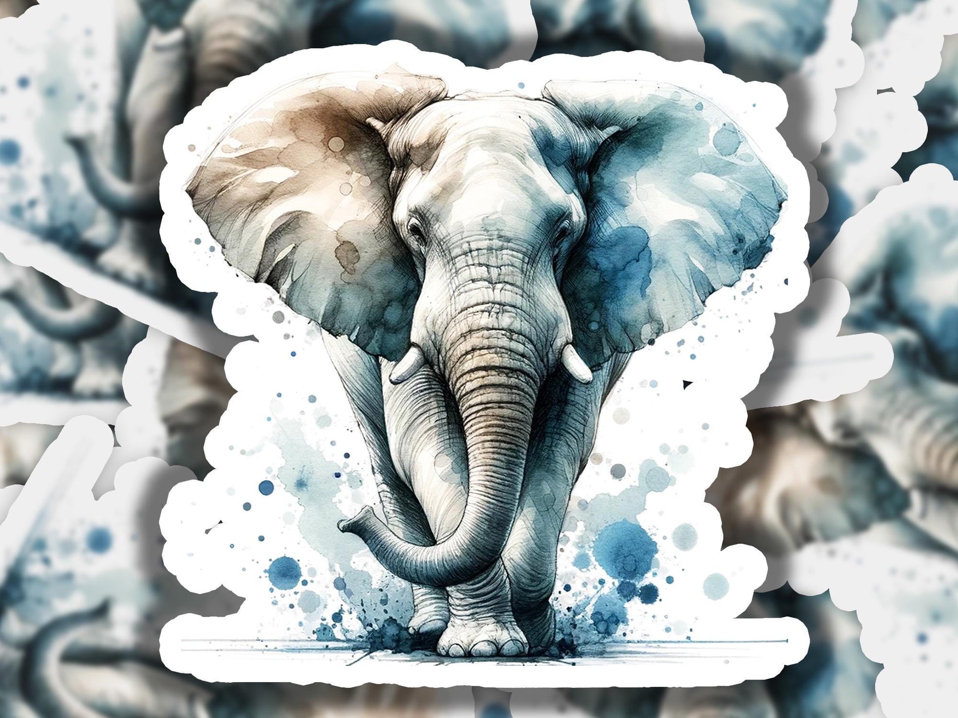 a watercolor painting of an elephant standing in front of a group of elephants