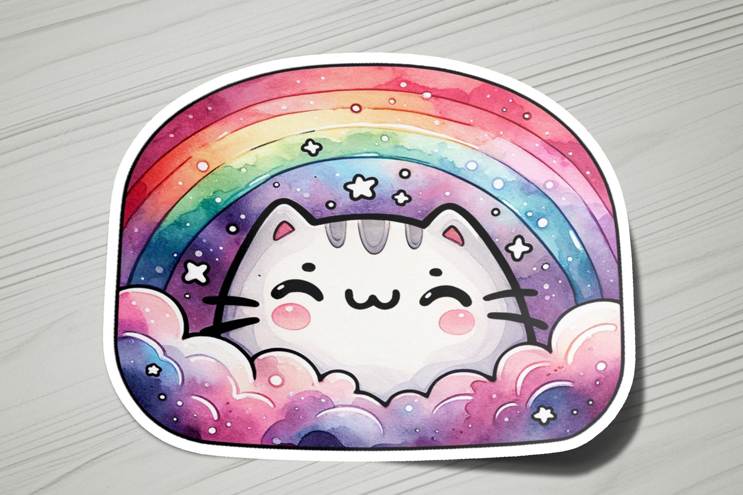 a sticker of a cat with a rainbow in the background