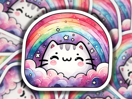 a sticker of a cat with a rainbow in the background