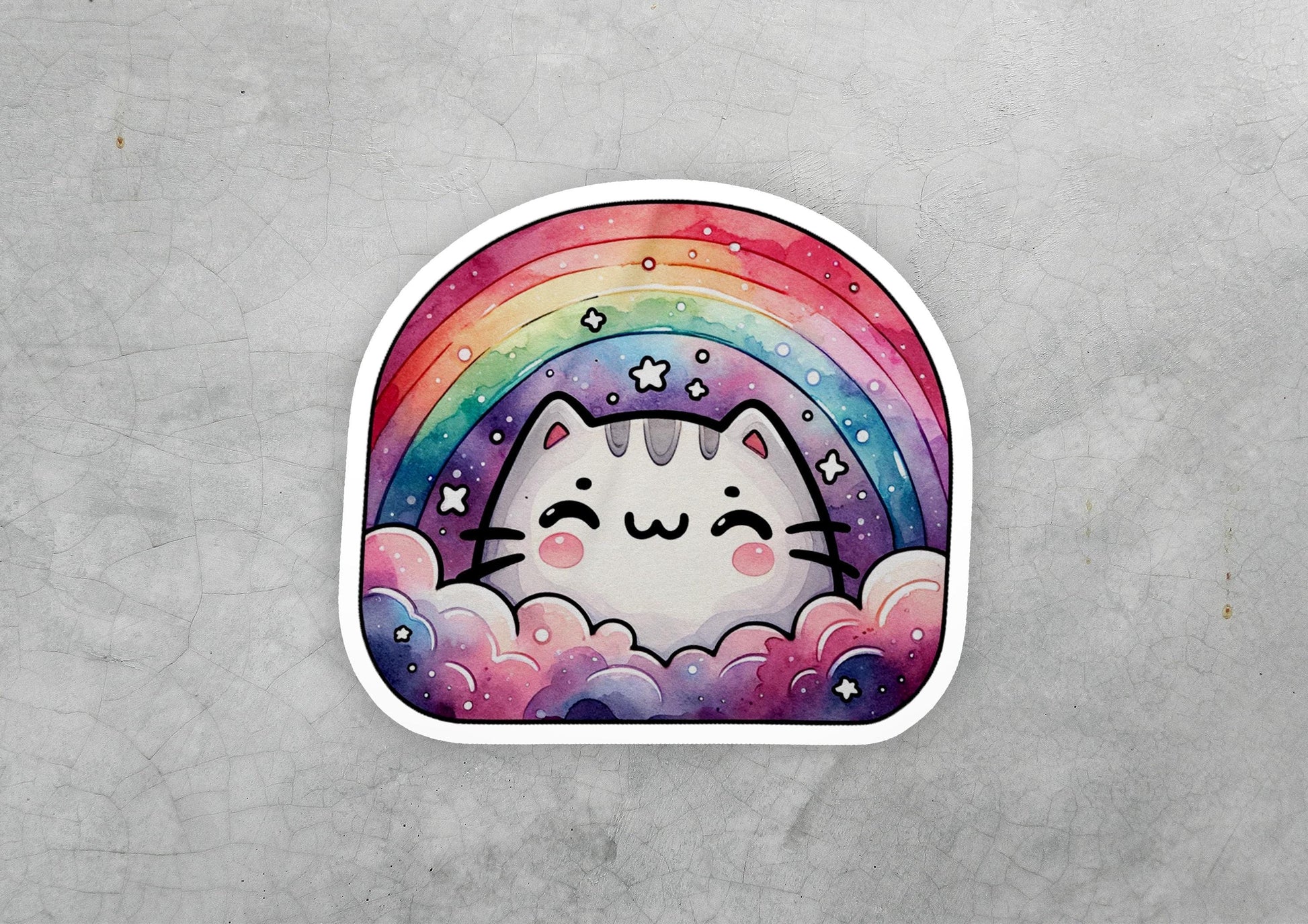a sticker of a cat with a rainbow in the background
