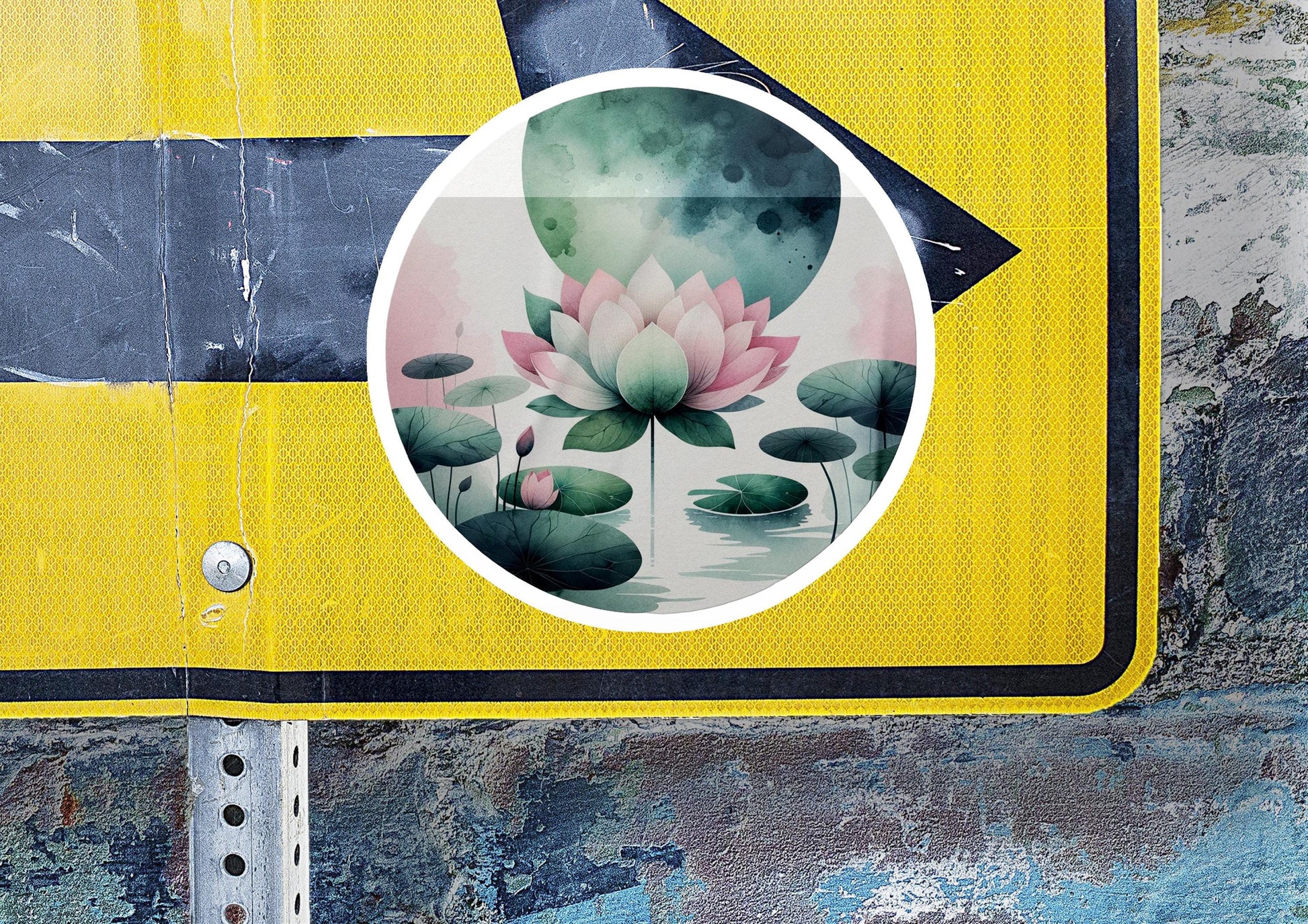 a yellow sign with a picture of a lotus on it