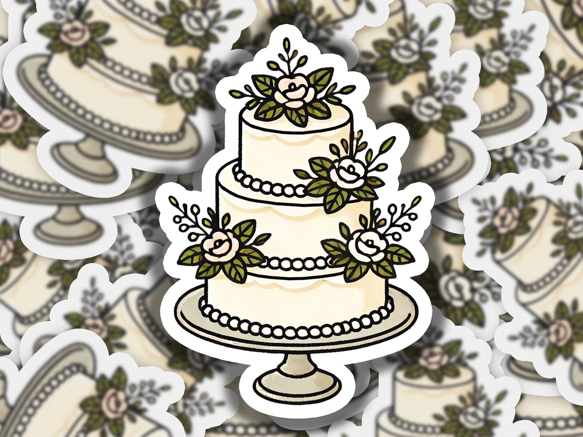 a sticker of a wedding cake with flowers on it