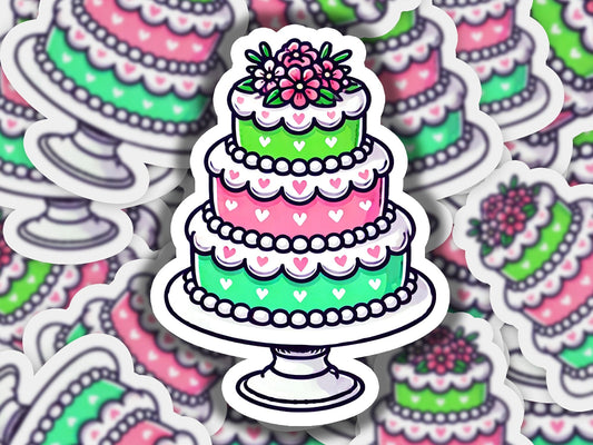 a cake sticker sitting on top of a cake plate