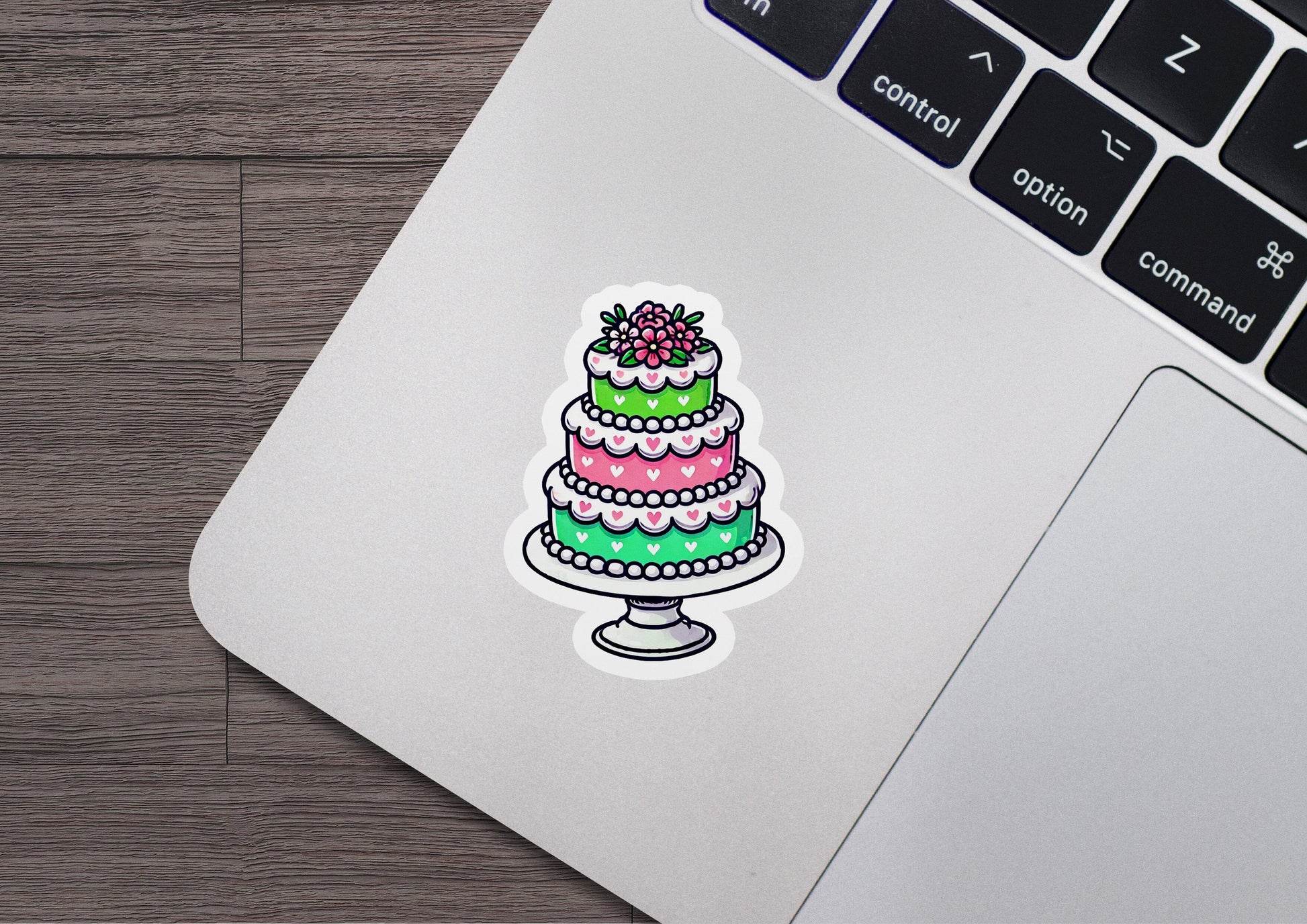 a cake sticker on a laptop keyboard