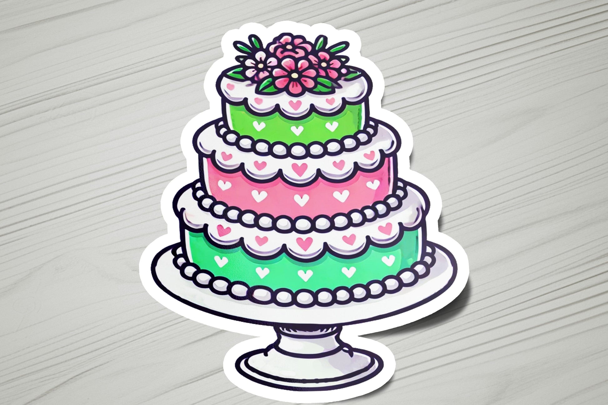 a sticker of a cake on a table