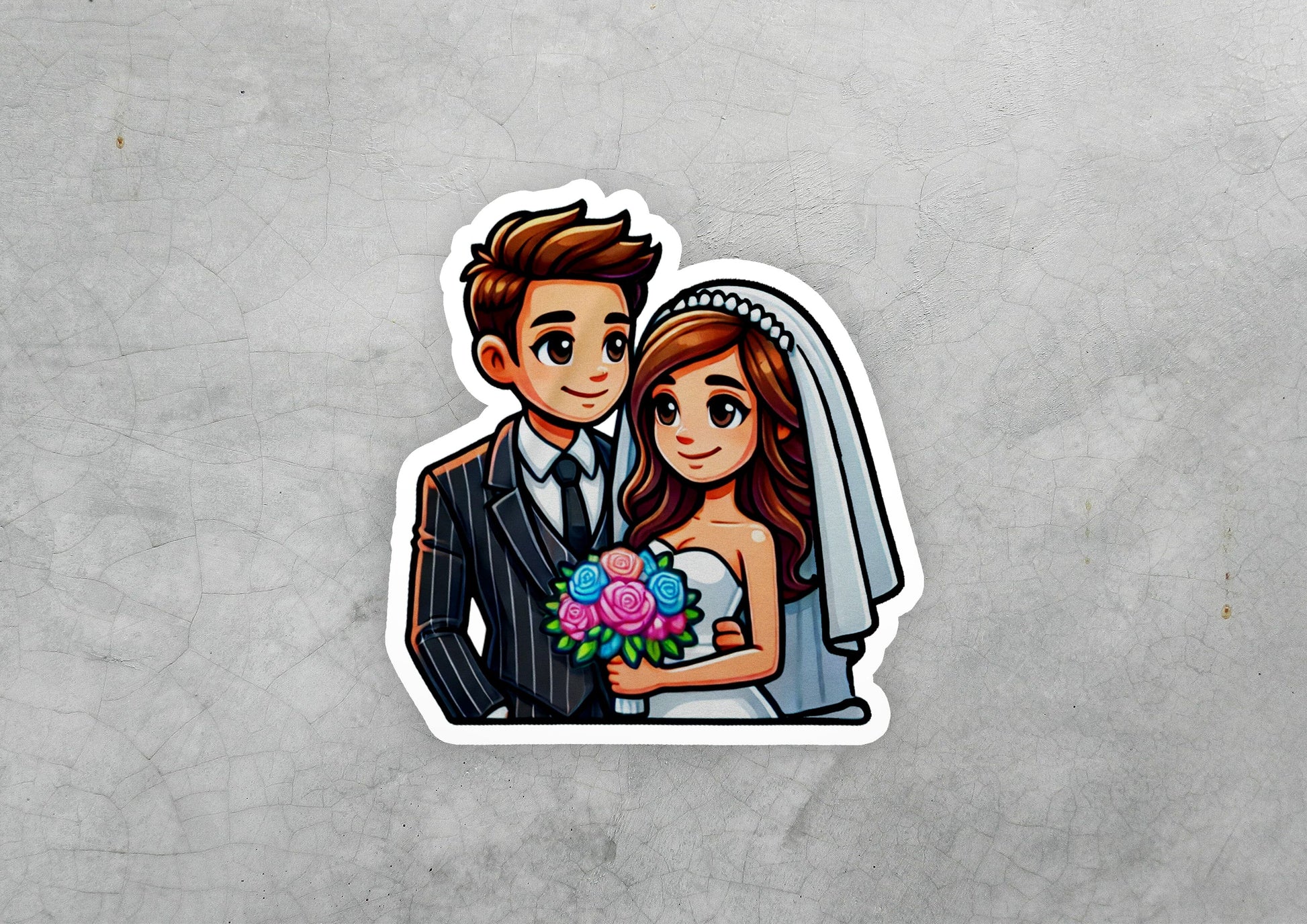a sticker of a bride and groom