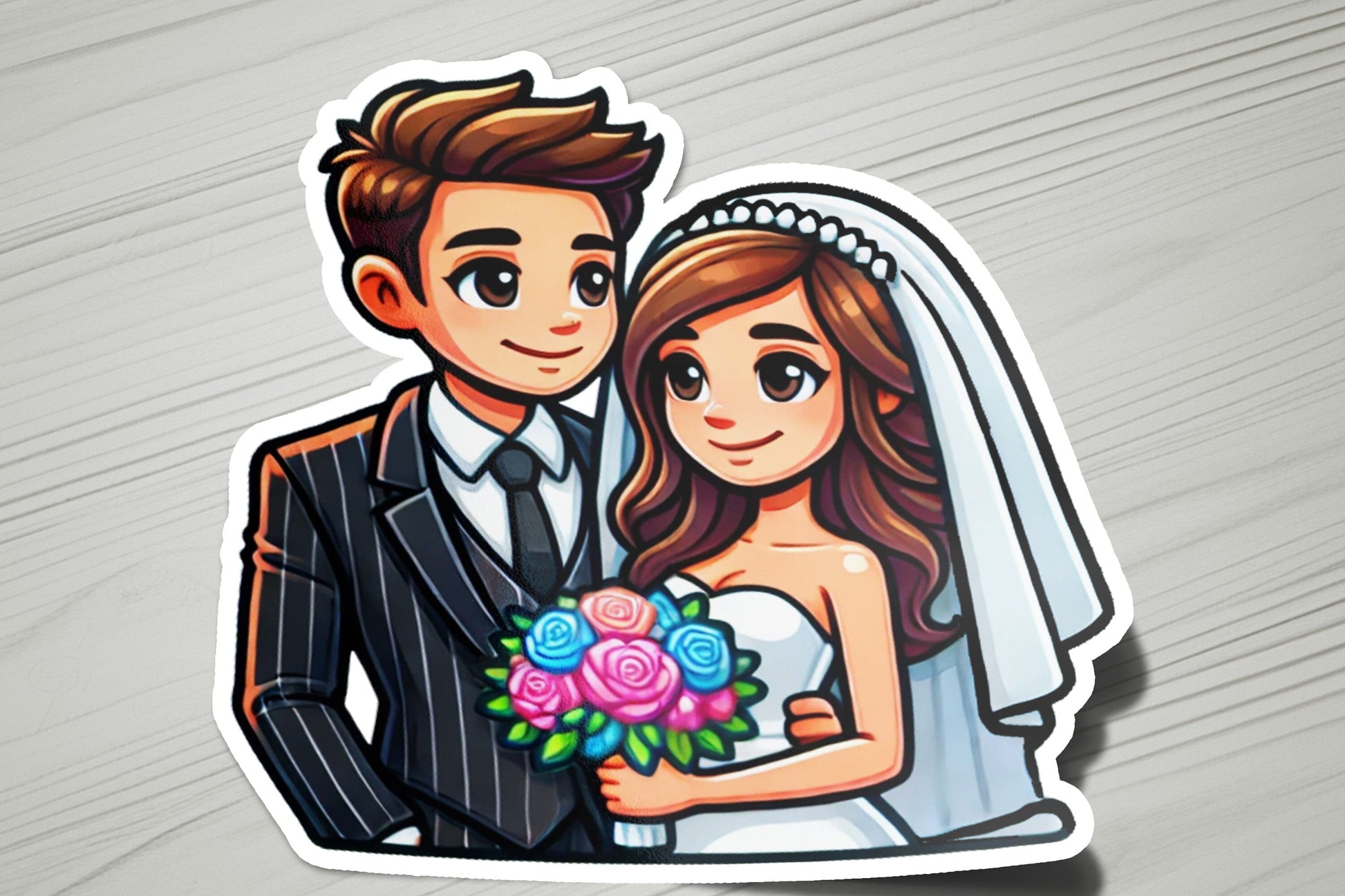 a sticker of a bride and groom