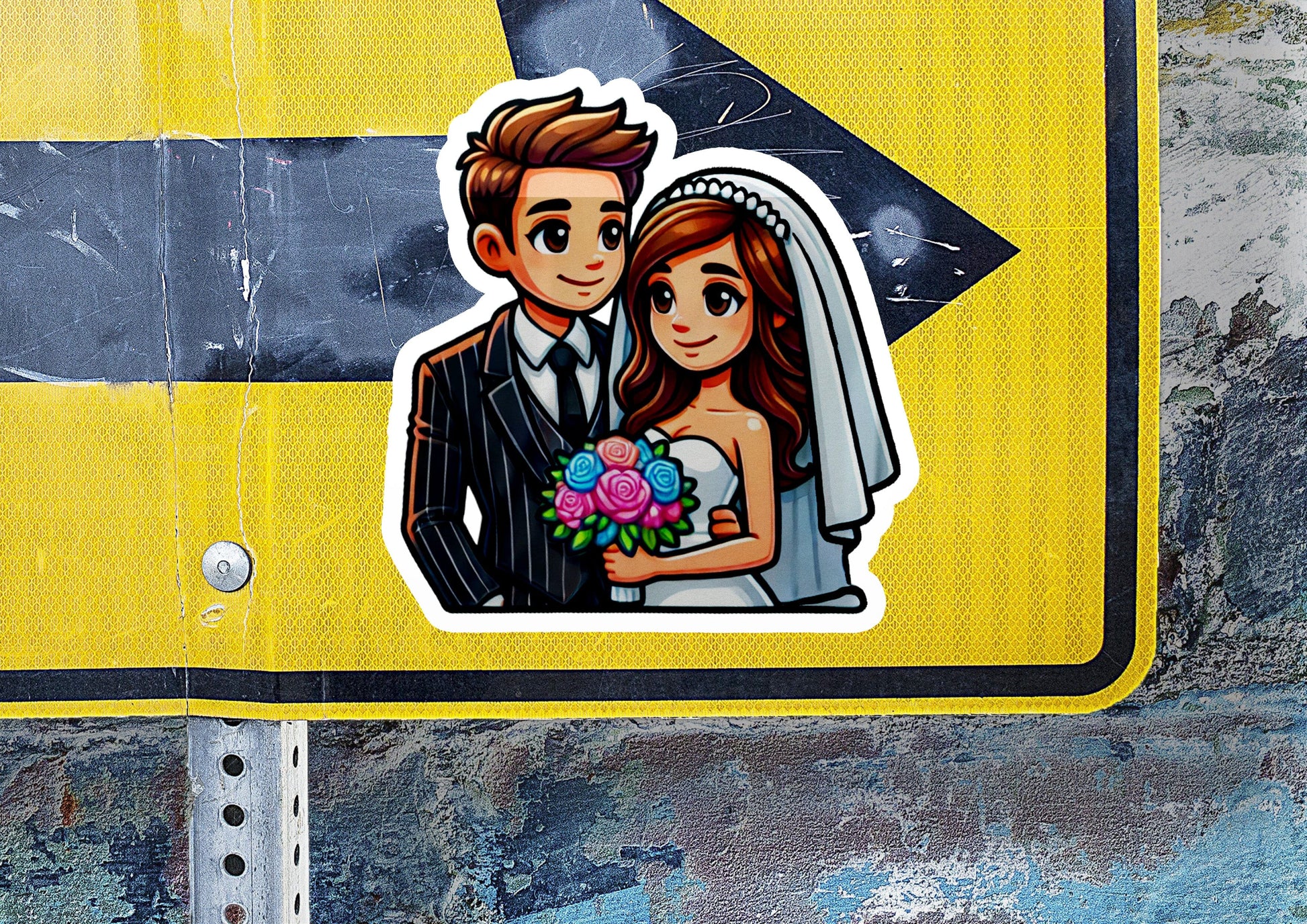 a sticker of a bride and groom on a yellow arrow sign