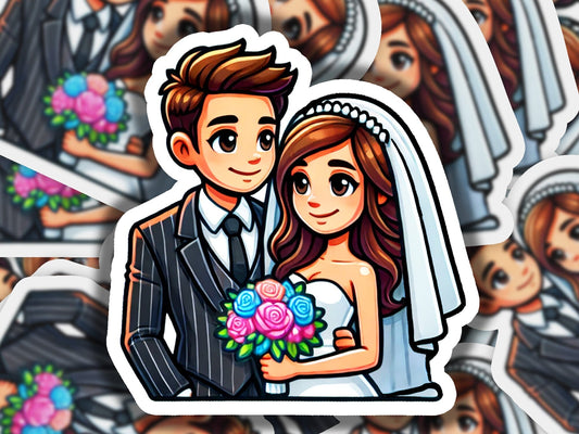 a sticker of a bride and groom