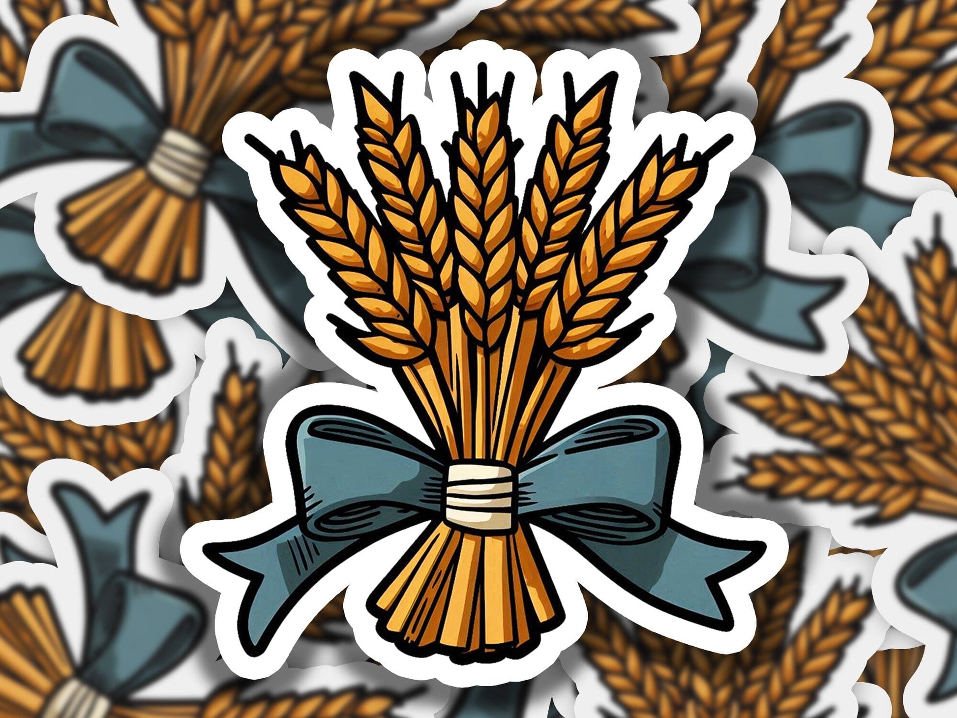 a sticker of a bunch of wheat with a bow