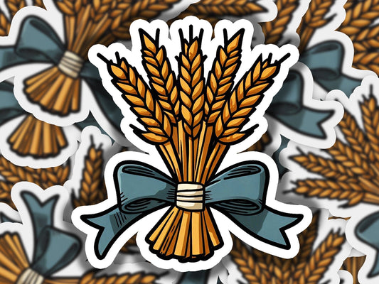 a sticker of a bunch of wheat with a bow