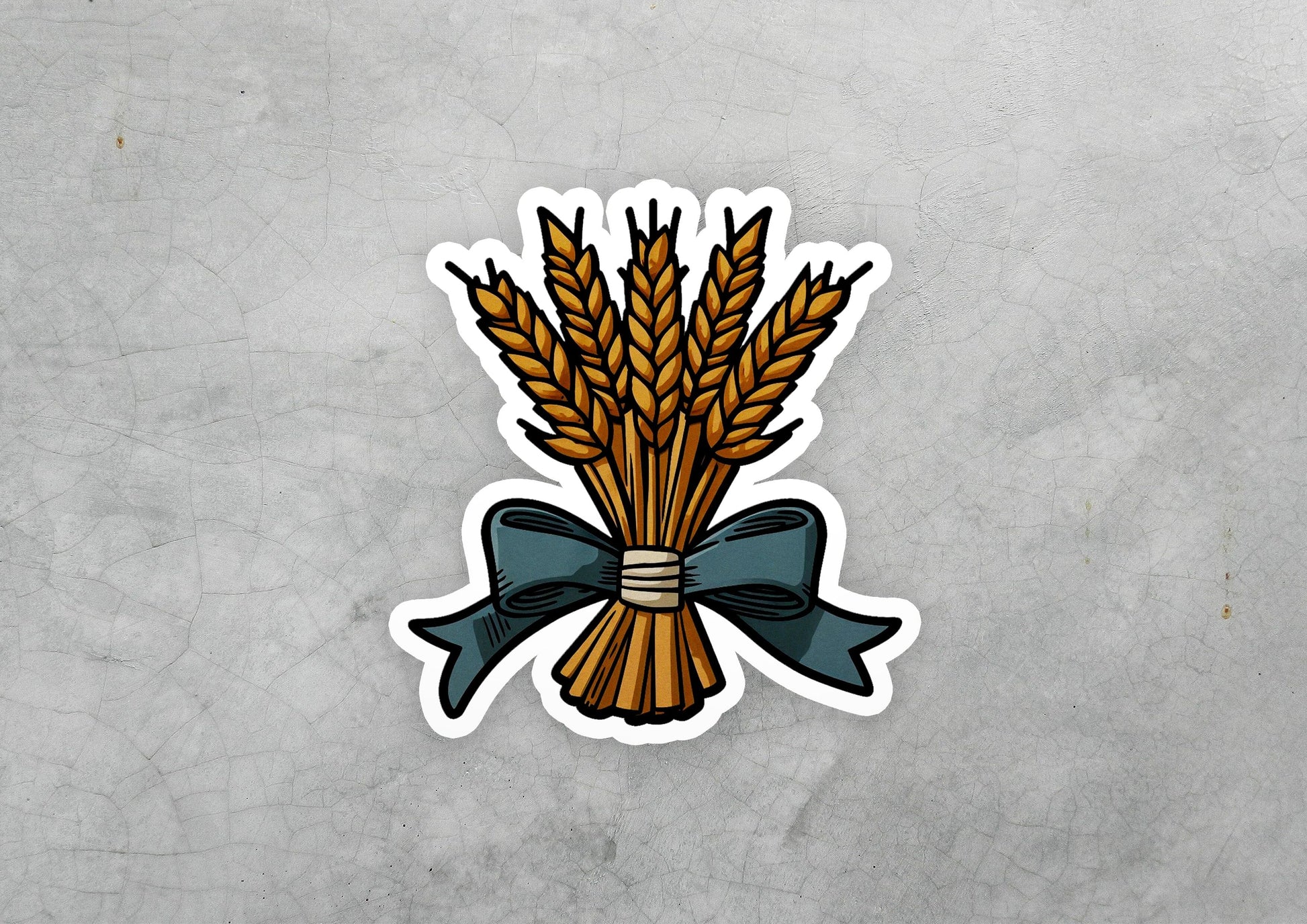 a sticker of a bunch of wheat with a bow